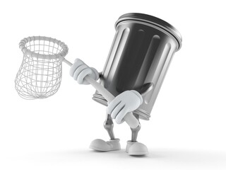 Trash can character holding net