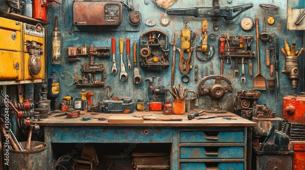 Poster A Workshop Wall and Workbench Adorned with Tools and Machinery