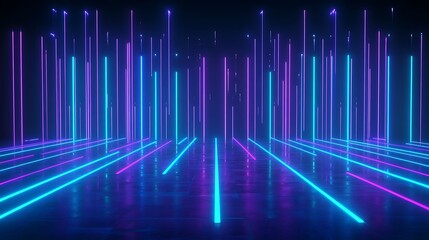 Fototapeta premium Colorful light beams creating a futuristic and dynamic atmosphere in a dark environment.