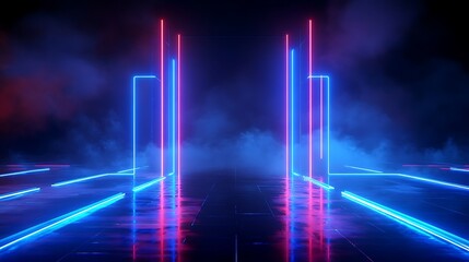 Fototapeta premium Colorful neon light bars create a futuristic atmosphere against a smoky background.