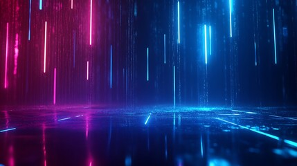 Colorful neon light beams in a digital futuristic space, creating a vibrant atmosphere.