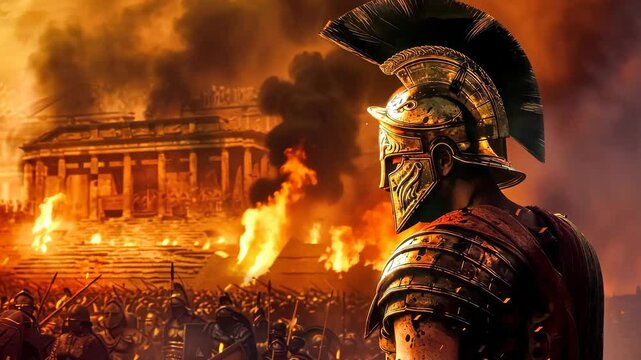 Roman general watching burning city after winning battle