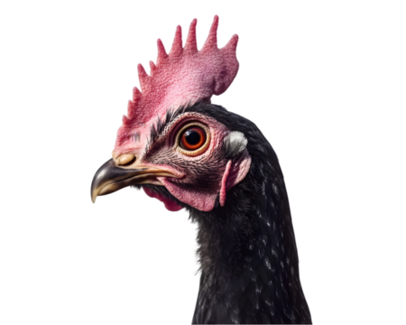 Hen looking alert, neck extended forward, isolated on white background