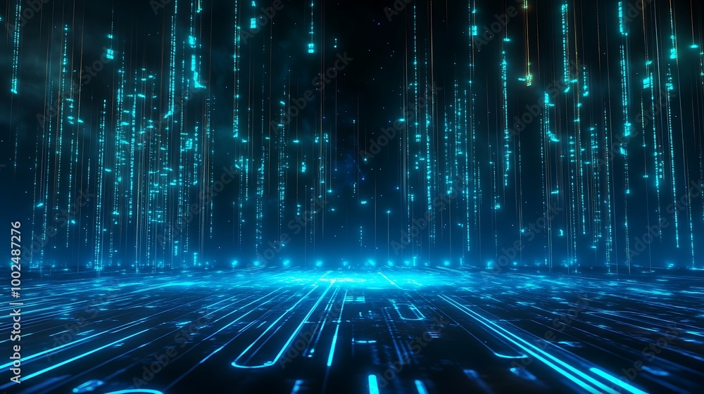 Poster digital abstract background featuring glowing blue lines and particles in a futuristic setting.