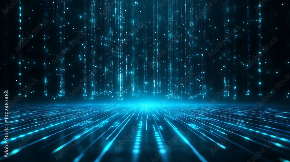 Poster digital blue matrix background, abstract flowing data streams, futuristic visualization.