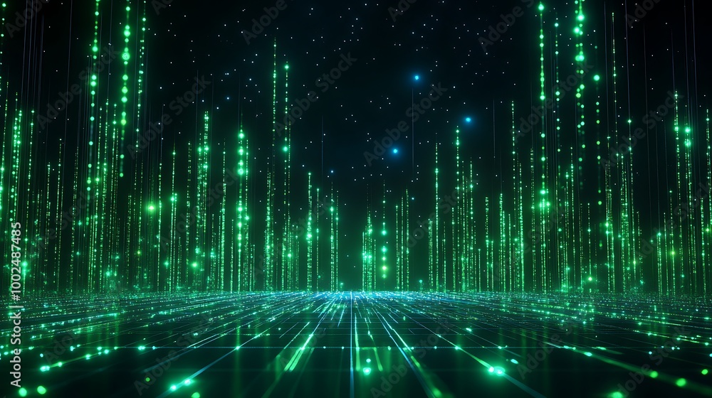 Poster digital landscape with green lights, creating an illusion of depth and movement in a futuristic envi