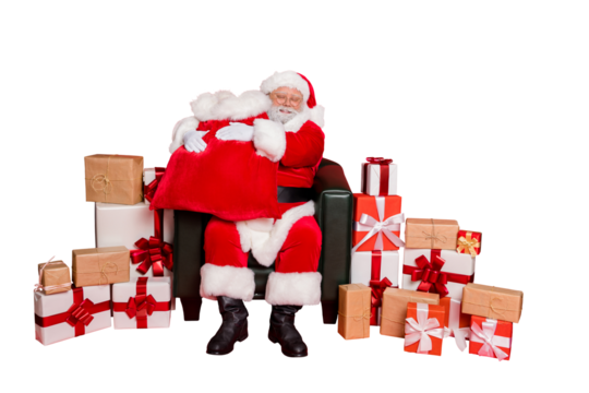 Full length photo of dream dreamy cheerful positive glad cute Saint Nicholas getting ready for midnight 2020 to share desirable present with children sitting on chair isolated over bright background