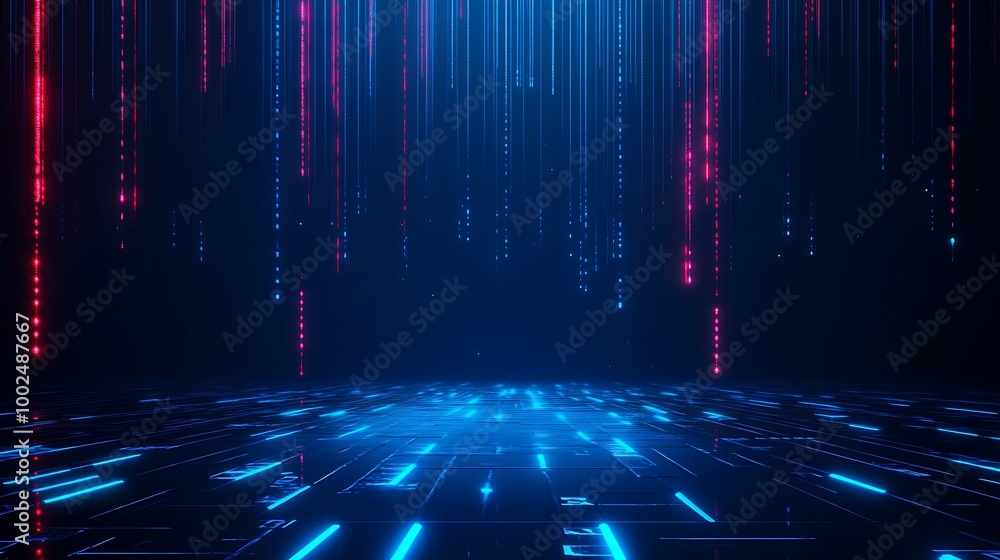 Poster Dynamic blue and red lights create a futuristic digital landscape with vertical lines and a glowing floor, perfect for tech designs.