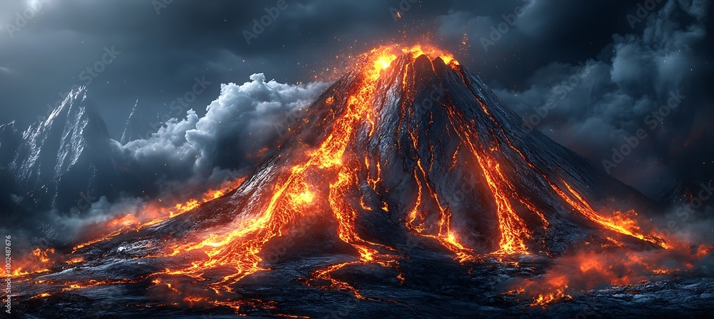 Poster a holographic simulation of a volcanic eruption with lava flows and ash clouds