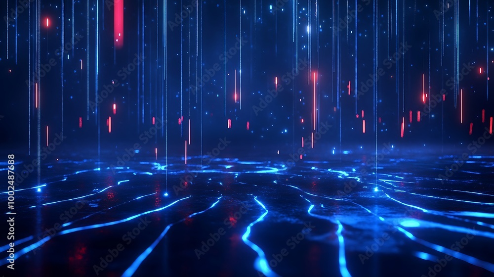 Poster dynamic blue and red lights creating an abstract digital environment with flowing patterns.