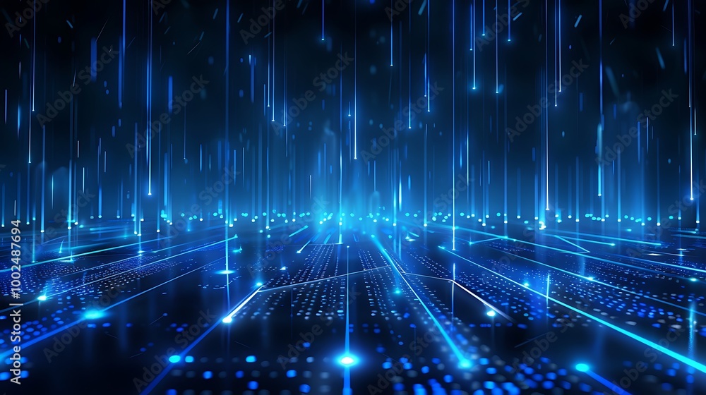 Poster dynamic blue digital background with glowing lines and particles, creating a futuristic tech vibe.