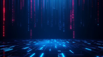Dynamic blue and red lights create a futuristic digital landscape with vertical lines and a glowing floor, perfect for tech designs.