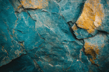 Textured blue and gold rock surface showcasing natural mineral patterns in sunlight