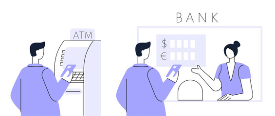 Man stands next to an ATM and bank. Bank employee with client © bioraven