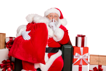 Portrait of his he mysterious funky fat overweight plump gray-haired bearded man at post office shop delivery carrying purchase showing shh sign isolated over bright vivid shine red background