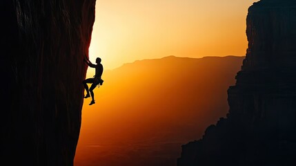 Naklejka premium A climbers silhouette against a rugged cliff, free-soloing in the early morning light, with vast, untouched wilderness in the background.