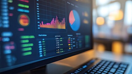 Obraz premium A close-up of a computer screen with a pie chart and line graph in a financial report, showing quarterly earnings and performance trends.
