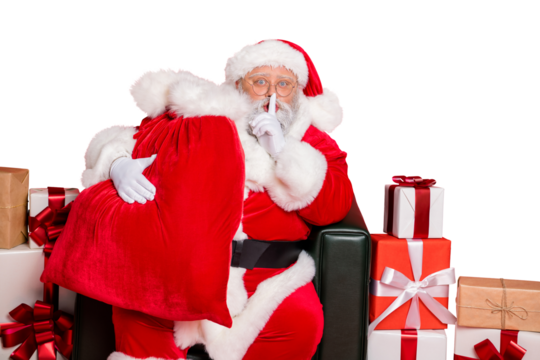 Portrait of his he mysterious funky fat overweight plump gray-haired bearded man at post office shop delivery carrying purchase showing shh sign isolated over bright vivid shine red background