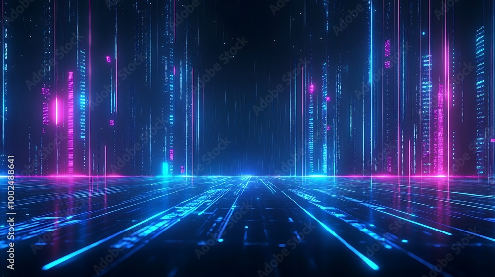 Poster futuristic abstract background with glowing neon lines and dots, perfect for sci-fi themes and digit