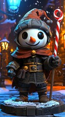 Smiling Snowman Warrior with Candy Cane Staff
