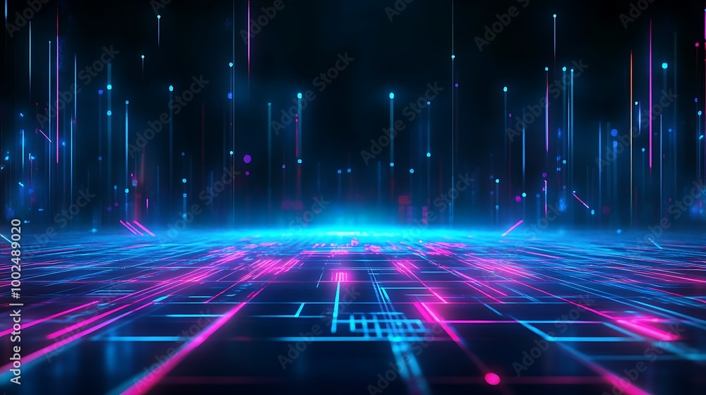 Aufkleber futuristic abstract digital landscape with neon lights and grid patterns, creating a vibrant visual 
