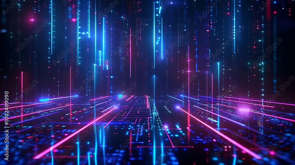 Poster futuristic abstract digital landscape with vibrant neon lines and glowing particles, representing da