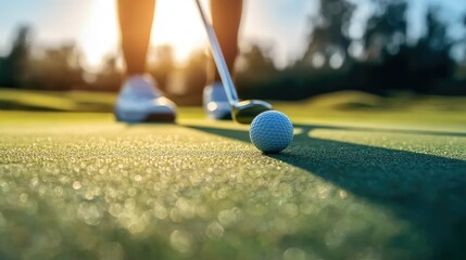 A close-up shot of a golfer lining up a putt with a ball and putter inches away from the hole, on a perfectly smooth green.