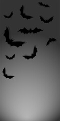 Vector. Halloween background with bats, holiday decorations. Flying bats with shadows. Halloween party invitation card mockup. Happy Halloween banner design. Flat lay, top view, copy space.