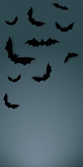 Fototapeta premium Vector. Halloween background with bats, holiday decorations. Flying bats with shadows. Halloween party invitation card mockup. Happy Halloween banner design. Flat lay, top view, copy space.