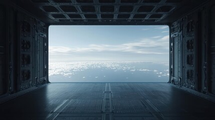 Fototapeta premium Spacious futuristic room with a panoramic view of clouds and ocean, showcasing advanced architecture.