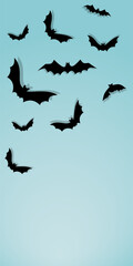 Vector. Halloween background with bats, holiday decorations. Flying bats with shadows. Halloween party invitation card mockup. Happy Halloween banner design. Flat lay, top view, copy space.