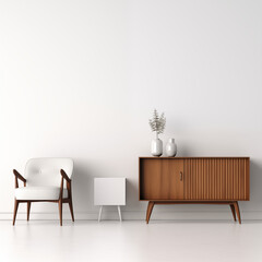 MidCentury Modern Living Room Interior with White Armchair Side Table and Wooden Cabinet