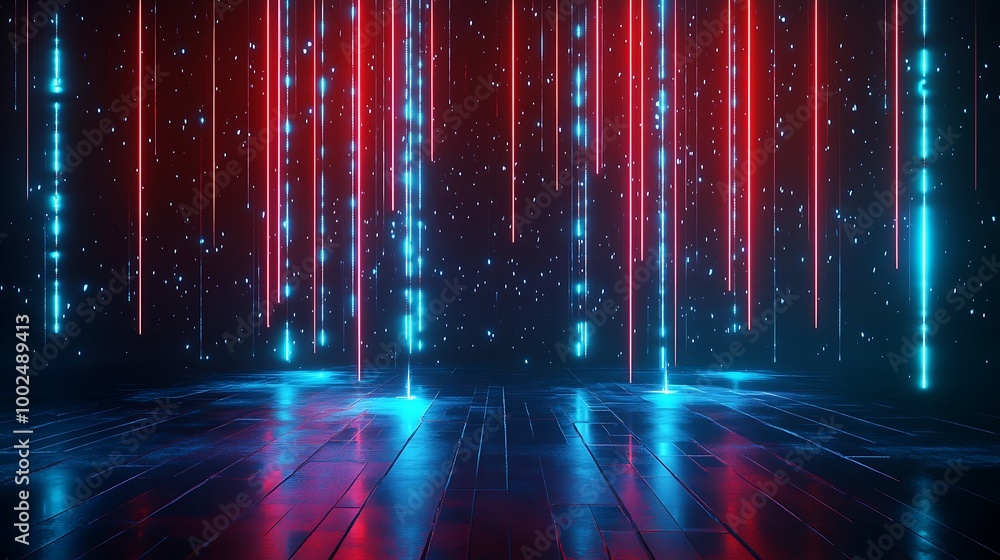 Poster futuristic background with red and blue neon lights, creating a vibrant and dynamic atmosphere.