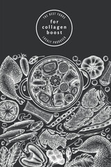 Collagen Diet Chalk Board Design Template. Vector Hand Drawn Healthy Food Banner. Vintage Style Collagen Bust Menu Illustration.