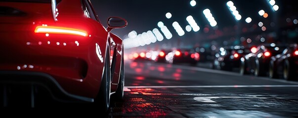 Sport car on racetrack, vibrant lights, night photography, dynamic and energetic atmosphere.