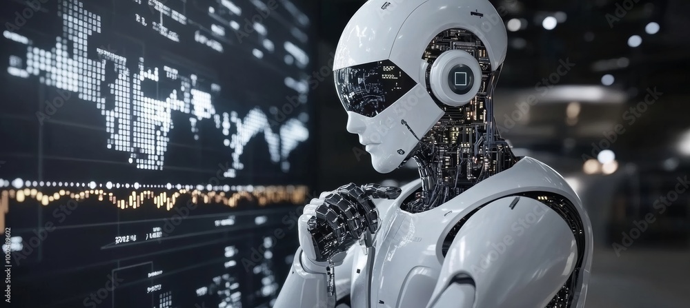 Aufkleber advanced ai robot analyzing financial charts on a digital displa for stock photo agencies style