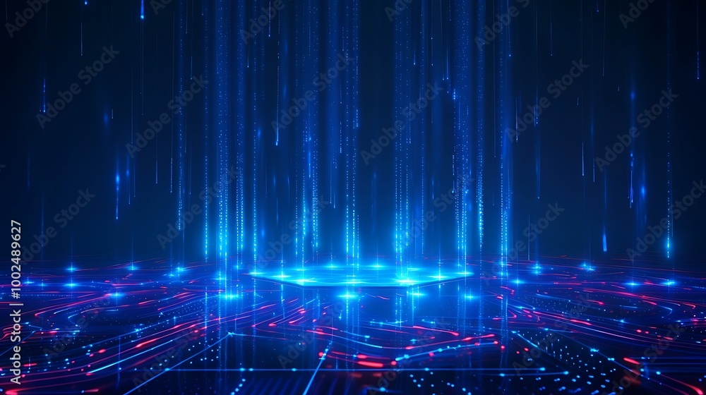 Poster futuristic blue and red digital abstract background with glowing lines and patterns.