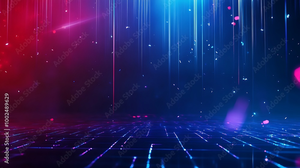 Poster futuristic blue and red abstract background with vertical lines and glowing particles.