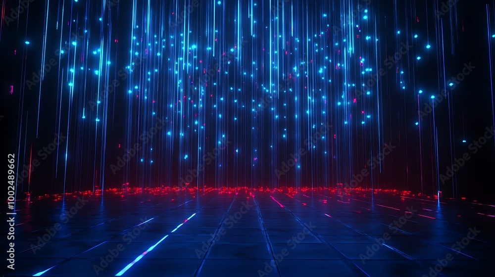 Poster futuristic blue and red lights creating a dazzling visual effect against a dark background.
