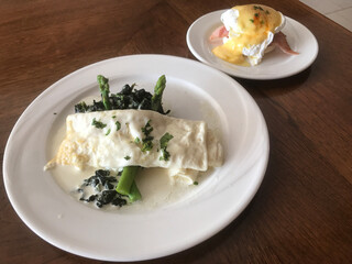 Dish of Egg white omelette served with asparagus.