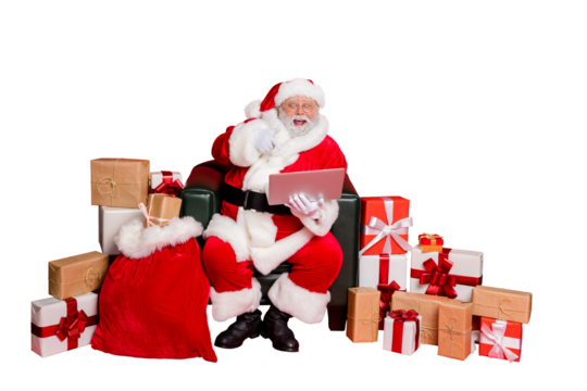 Nice cheerful excited glad hard-working fat bearded man delivering purchases shop delivery checking address list clients children orders isolated on bright vivid shine red background - Powered by Adobe