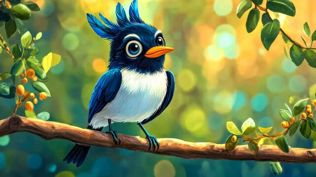 Blue bird perching on branch looking around