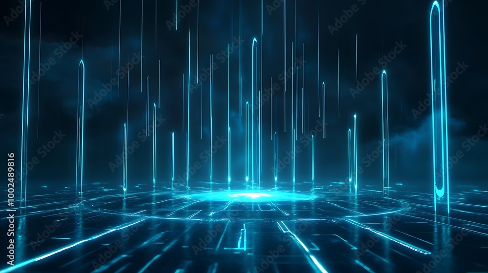 Poster futuristic blue data visualization with glowing lines and grid pattern, perfect for tech-related pro