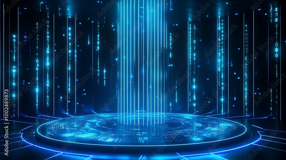 Poster futuristic blue digital backdrop with glowing lines and patterns, perfect for tech-themed designs an