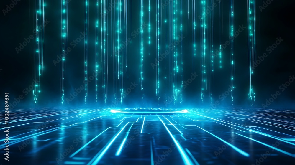 Poster futuristic blue digital background with glowing lines and cascading light effects, ideal for tech-th