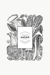 Green Vegetable Design Template. Vector Hand Drawn Healthy Leaf Salad Banner. Vintage Style Menu Illustration.
