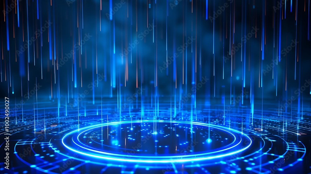 Poster futuristic blue digital background with glowing lines and circular patterns, perfect for tech themes