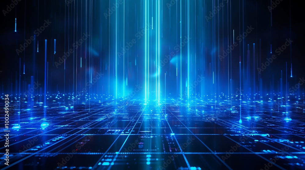 Poster futuristic blue digital background with glowing lines and grids creating a tech-inspired atmosphere.