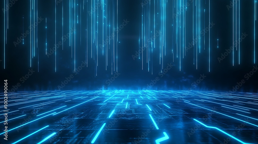 Poster futuristic blue digital background with glowing lines and light particles, perfect for tech-related 
