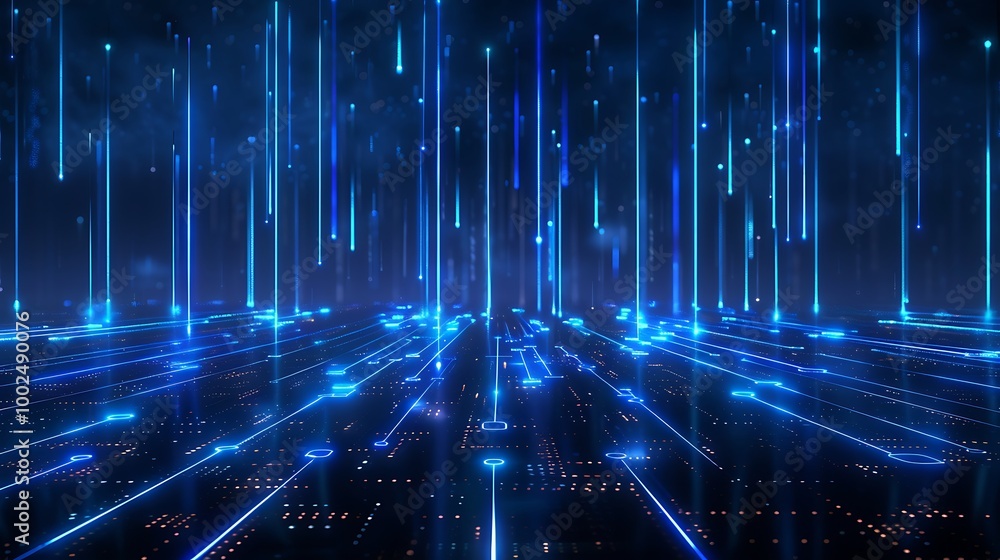 Poster futuristic blue digital background with glowing lines and particles creating a sense of virtual spac
